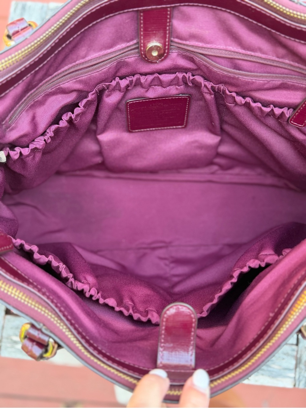 Coach Saffiano Patent Leather Triple Compartment Carryall Tote- Burgundy Merlot - Picture 10 of 16